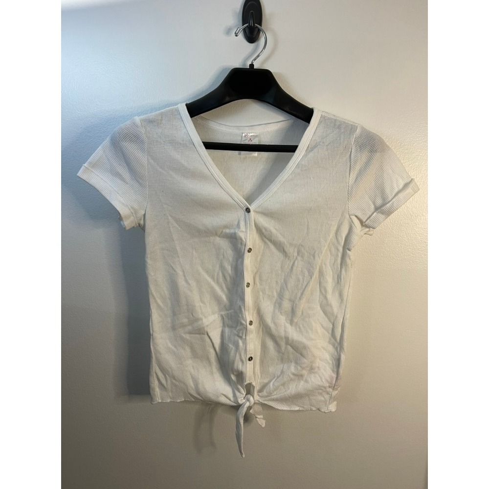 No Boundaries Girls White Waffle Knit Tie Front Button Up Shirt Size M 7-9